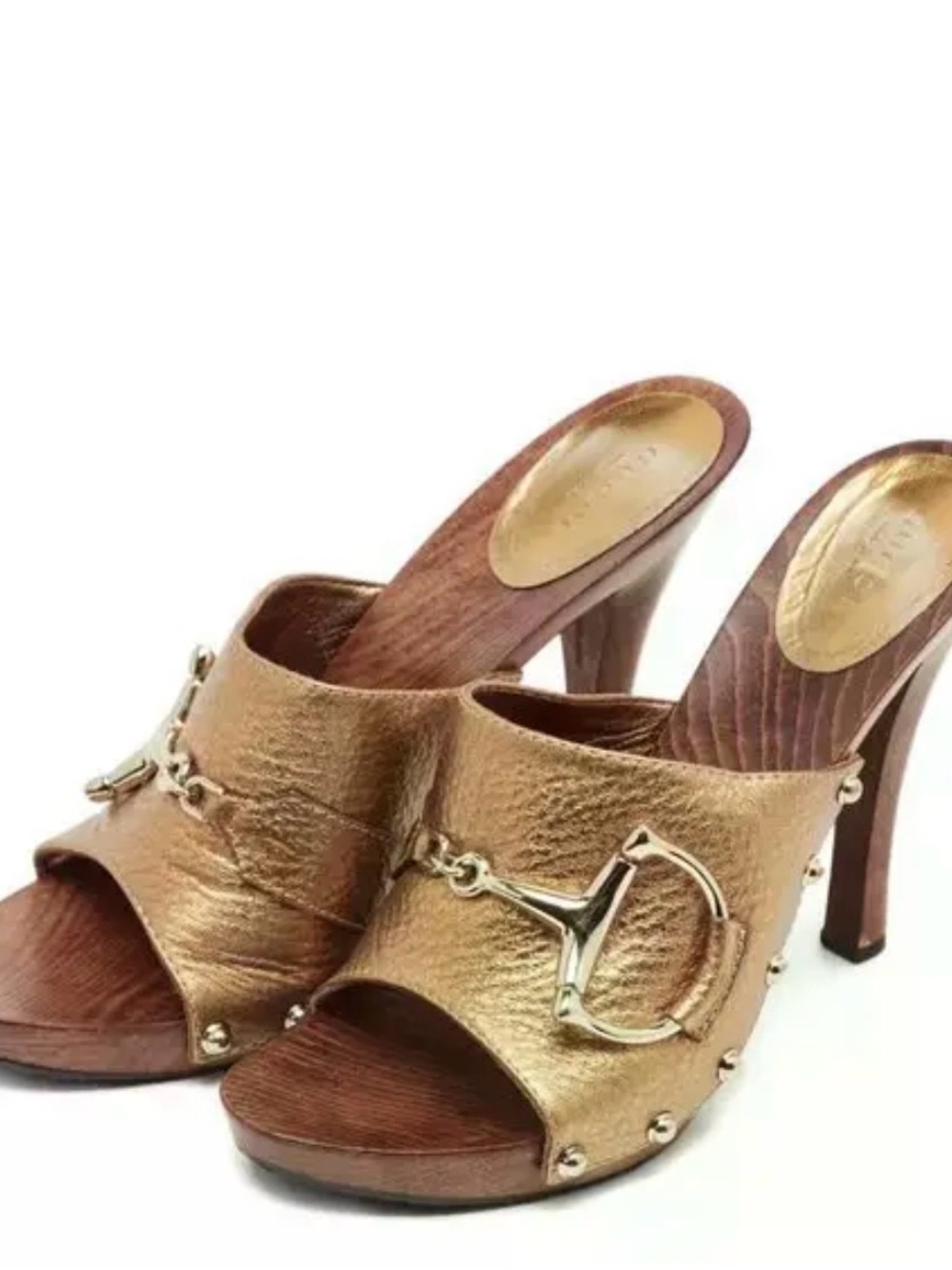 Gucci Gold Metallic Leather Open-Toe Mules with Gold Horsebit Accent